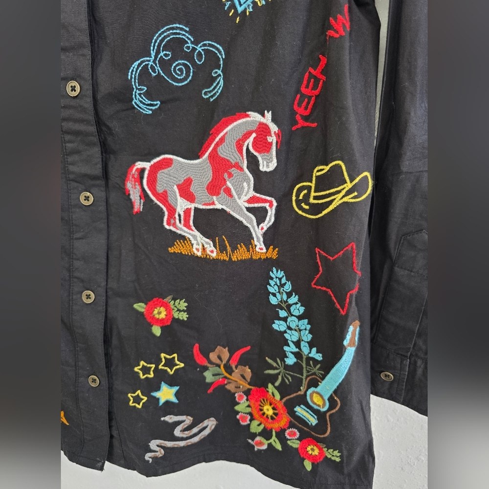 Avani Texas Western Rodeo Embroidered Black Button-Dow Top Size Small - Picture 5 of 11